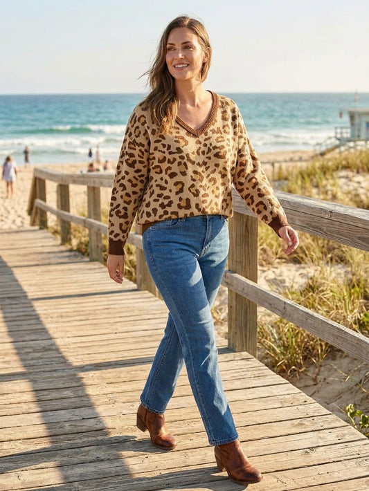 LuLaRoe Torrie V-Neck Sweater • Tan Brown Cheetah Print