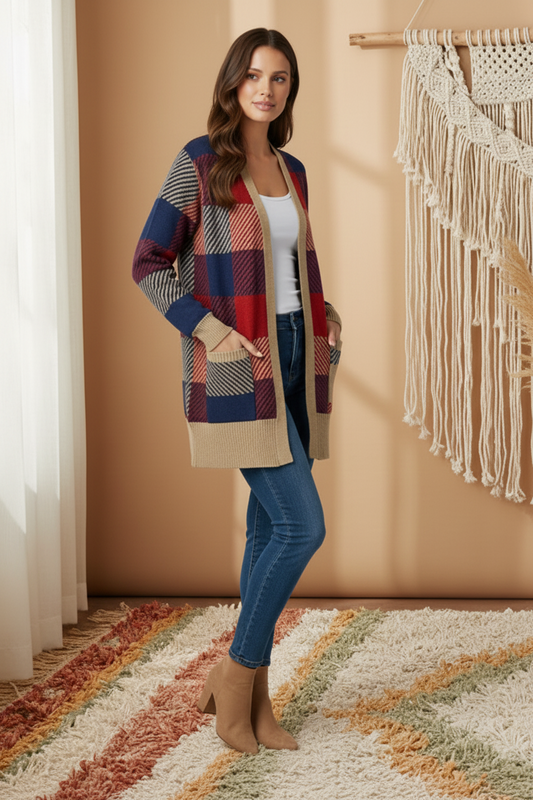 LuLaRoe Peyton • Open Front Cardigan • Boho Style • Red Blue Tan Plaid