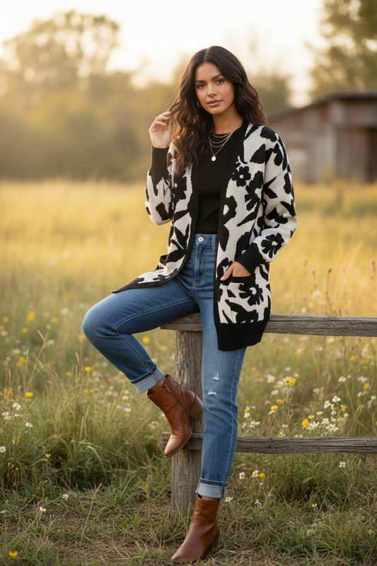 LuLaRoe Peyton • Open Front Cardigan • Boho Style • Ivory Black Floral