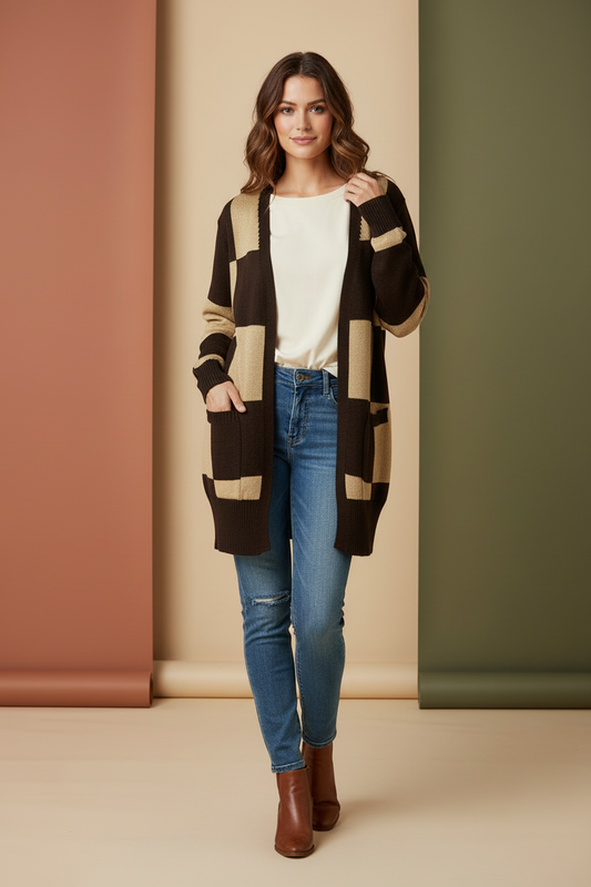 LuLaRoe Peyton • Open Front Cardigan • Boho Style • Tan Brown Check