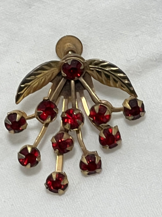 Vintage • Gold Tone Leaf • Garnet Rhinestone • Screw Back Earrings
