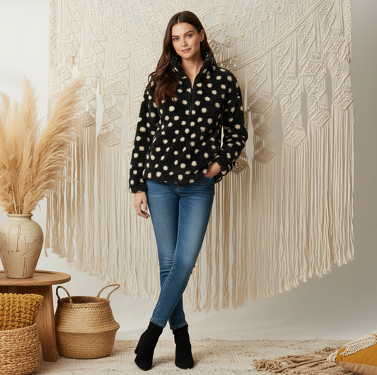 LuLaRoe Nancy Half Zip Pullover with Side Pockets • Black with Cream Dots
