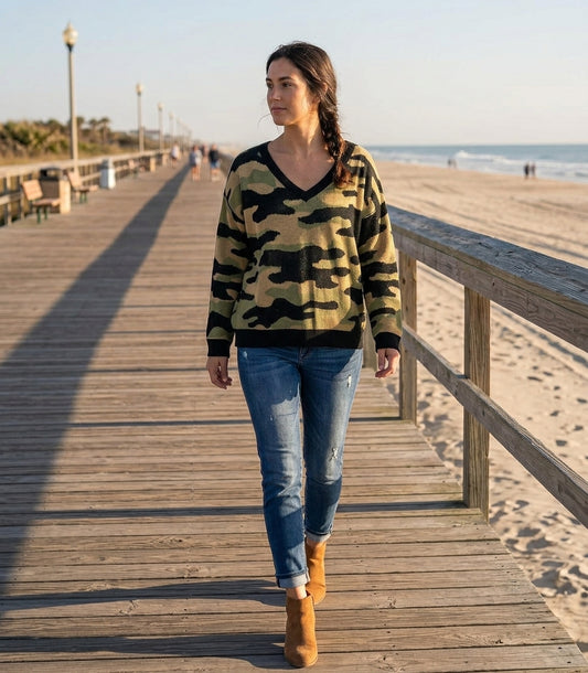 LuLaRoe Torrie V-Neck Sweater • Green Black Tan Camo