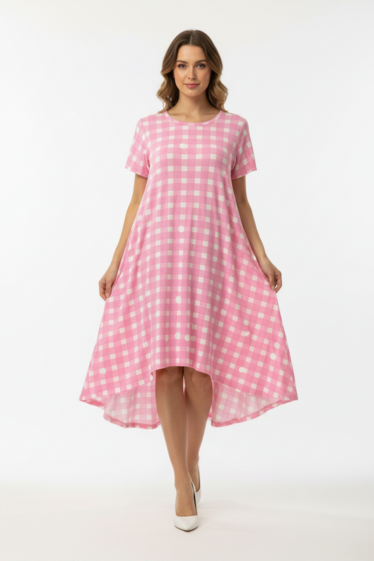LuLaRoe Carly • High Low Hemline Swing Dress • Checkered • Pink and White