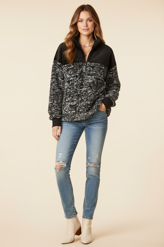 LuLaRoe Nancy Half Zip Pullover with Side Pockets • Black White Gravel Texture