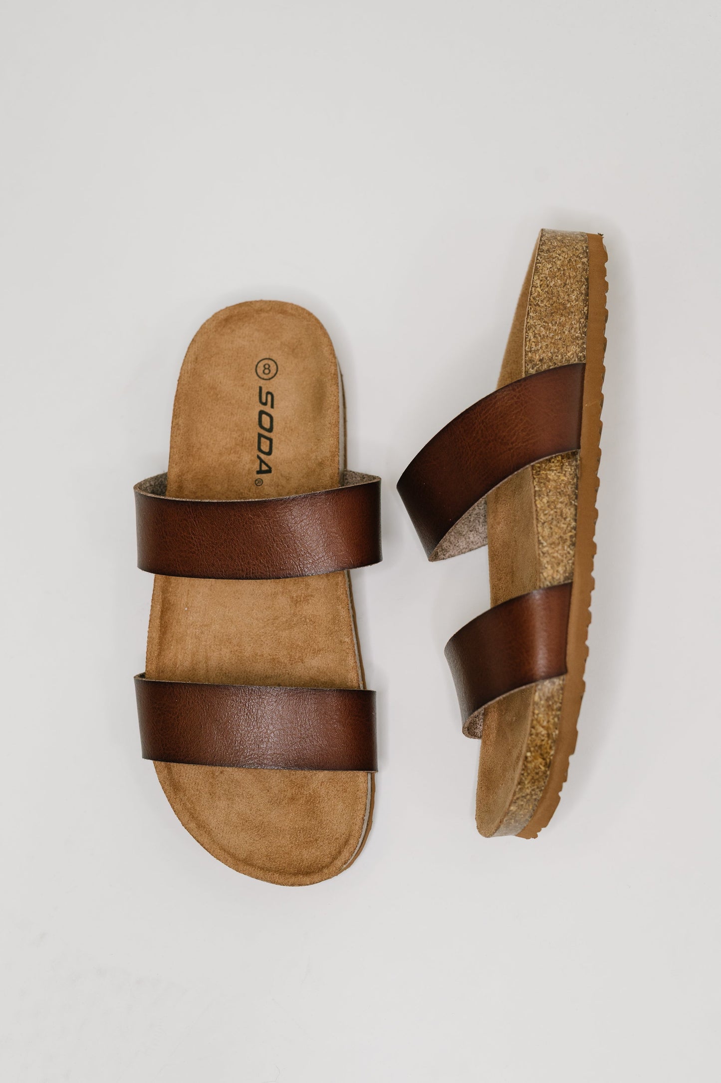 Soda • Eulee Round Toe Slip On Sandal in Light Brown