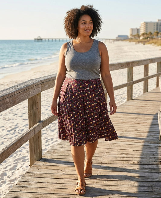 LuLaRoe Madison Skirt • Box Pleats • Side Seam Pockets • Purple Green Gold