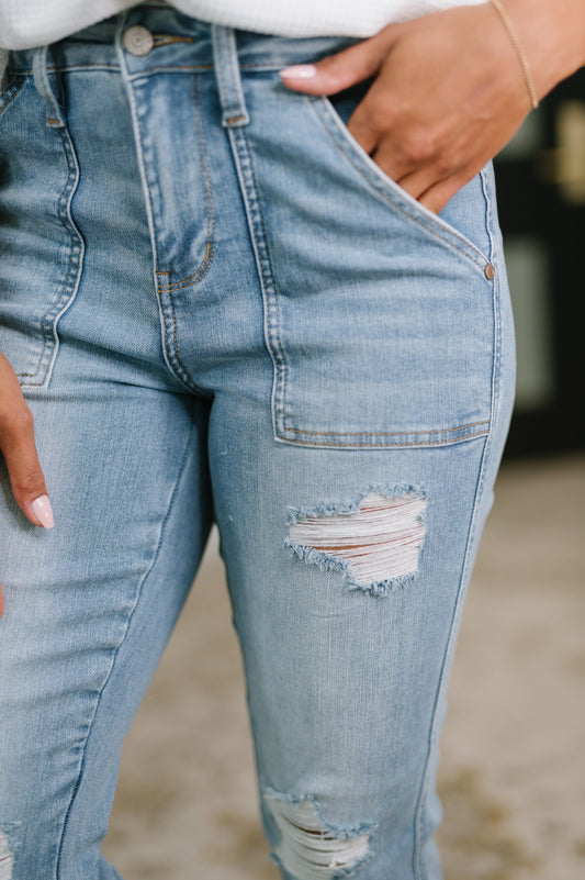 Judy Blue • Aiden • High Rise Patch Pocket Distressed Boyfriend Jeans