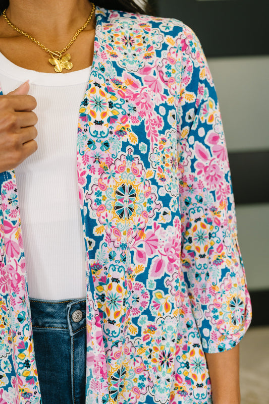 Dear Scarlett • Lizzy Cardigan in Teal and Pink Floral Abstract