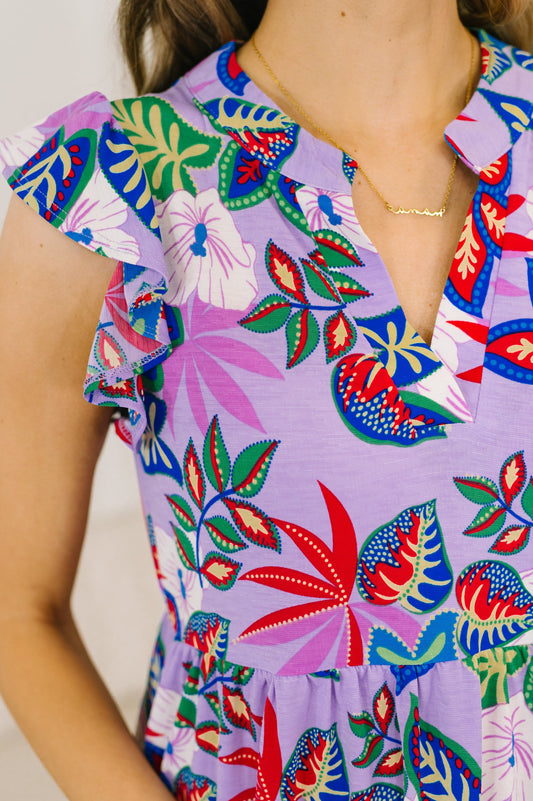 Dear Scarlett • Lizzy • Flutter Sleeve Dress in Multi Leaf
