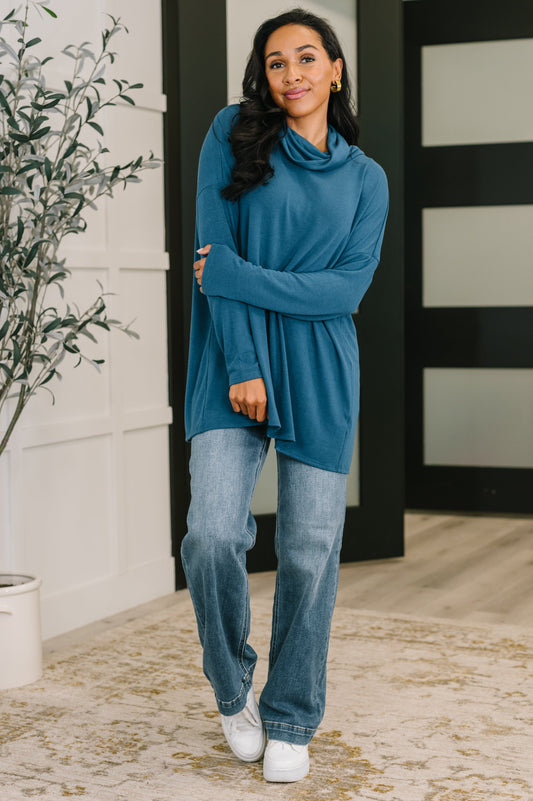 Dear Scarlett • Travel Destination Cowl Neck Pullover in Dark Teal