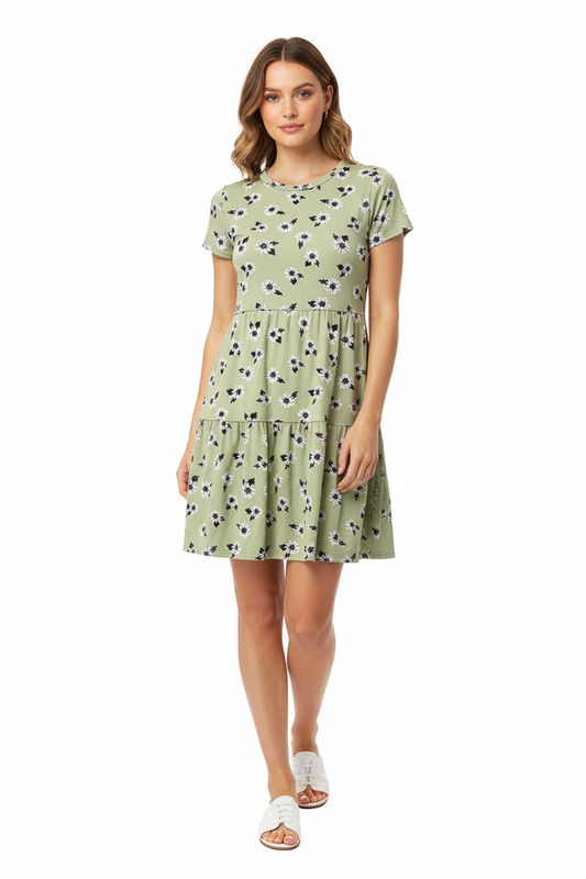 LuLaRoe Ariel Three Tiered Dress with Pockets • Green White Daisies