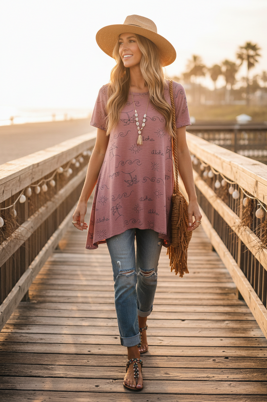 LuLaRoe Melissa • Shark Bite Hem Tunic Top • Mauve Aloha Print