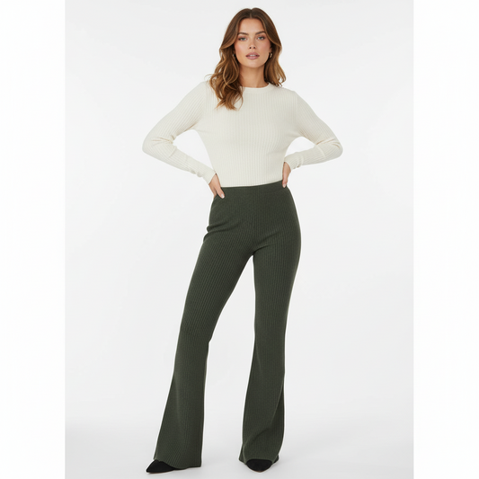 Kylie Pull on Flare Pants - Solid Kombu Green Stretch Cord