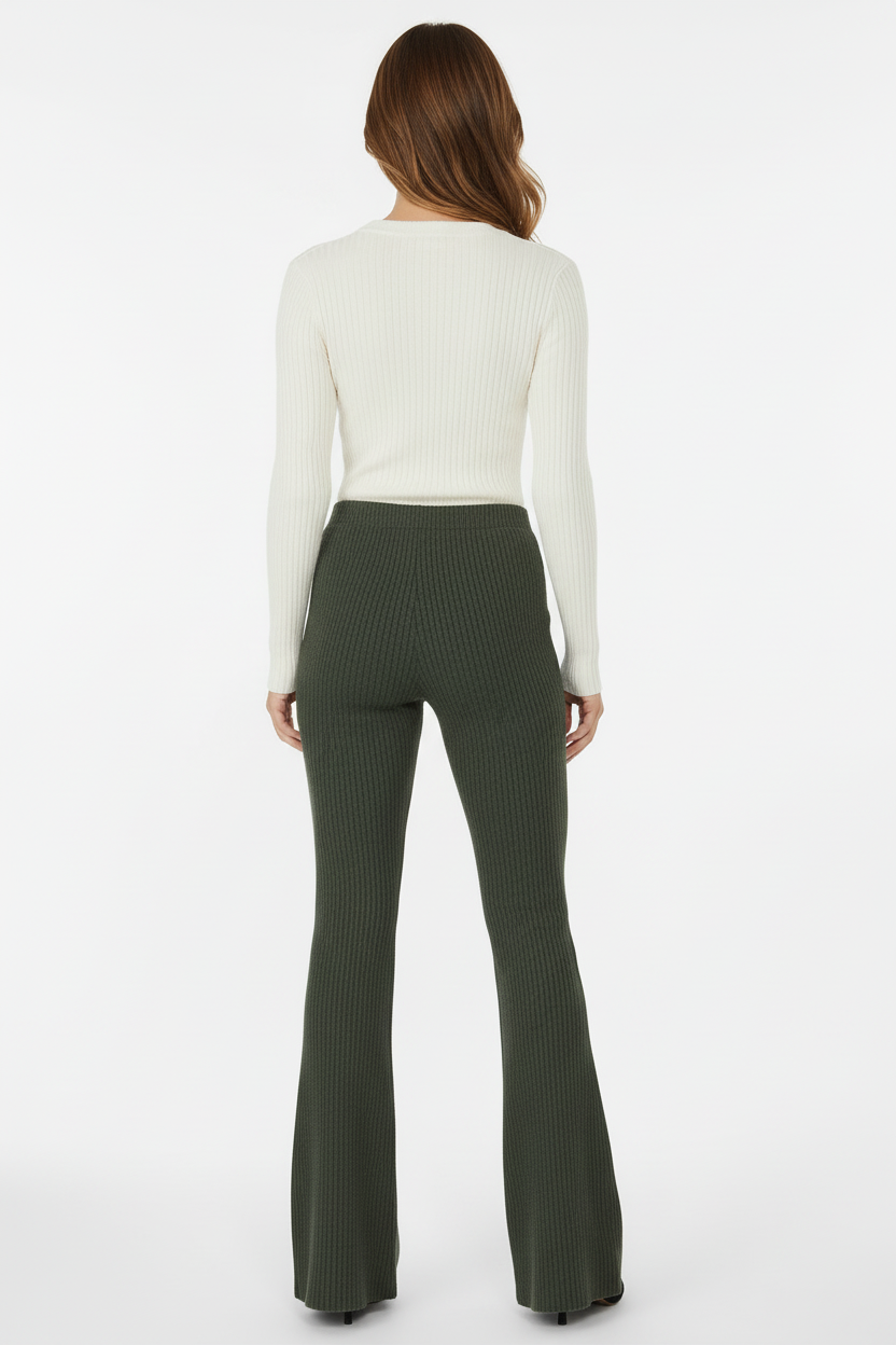 Kylie Pull on Flare Pants - Solid Kombu Green Stretch Cord