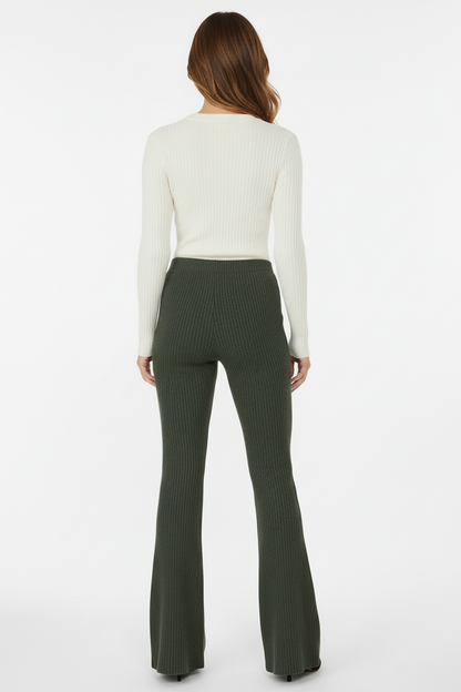 Kylie Pull on Flare Pants - Solid Kombu Green Stretch Cord