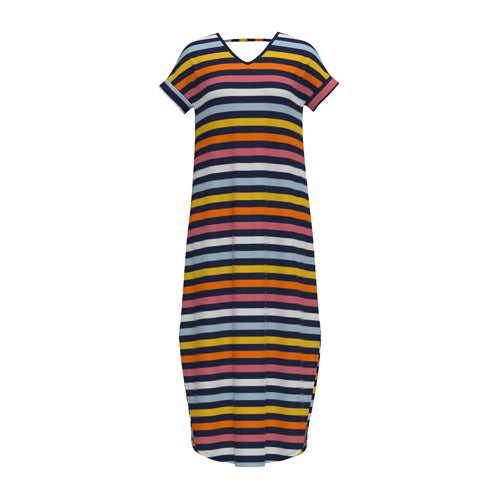 LuLaRoe Macy • Maxi Dress • Double V-Neck • Split Hem • Navy Pink Orange Stripe