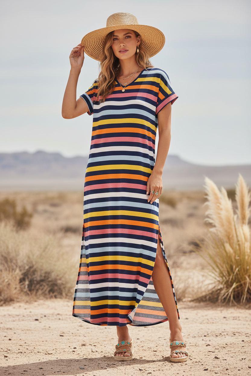 LuLaRoe Macy • Maxi Dress • Double V-Neck • Split Hem • Navy Pink Orange Stripe