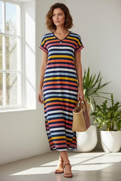 LuLaRoe Macy • Maxi Dress • Double V-Neck • Split Hem • Navy Pink Orange Stripe