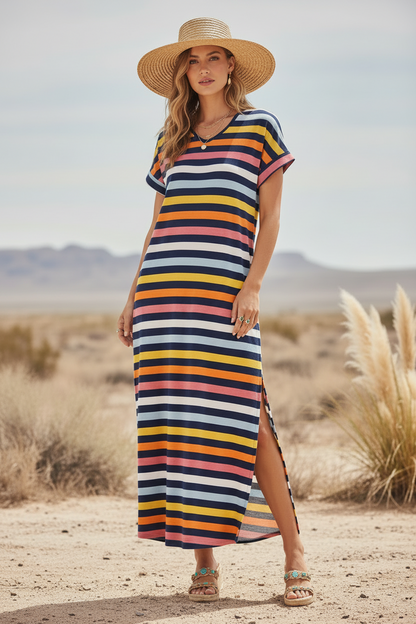 LuLaRoe Macy • Maxi Dress • Double V-Neck • Split Hem • Navy Pink Orange Stripe