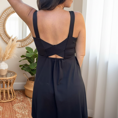 LuLaRoe Navy Cross Back Dress with Side Seam Pockets • Solid Black