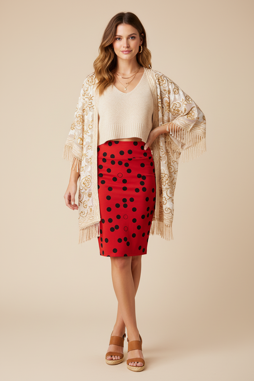 LuLaRoe Cassie Pencil Skirt • Vintage  Rare Print • Red with Black Polka Dots