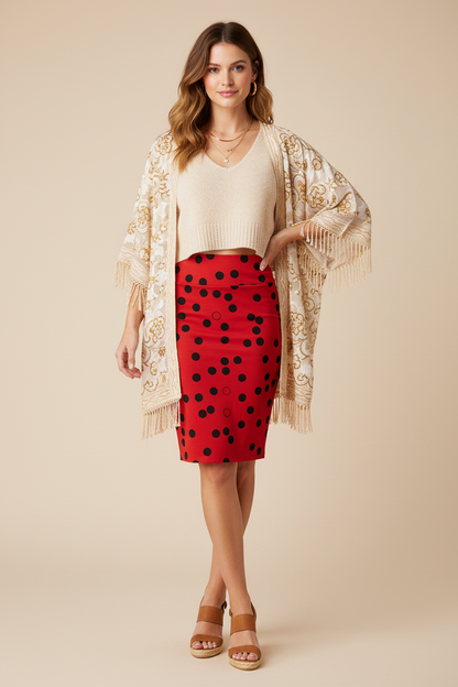 LuLaRoe Cassie Pencil Skirt • Vintage  Rare Print • Red with Black Polka Dots
