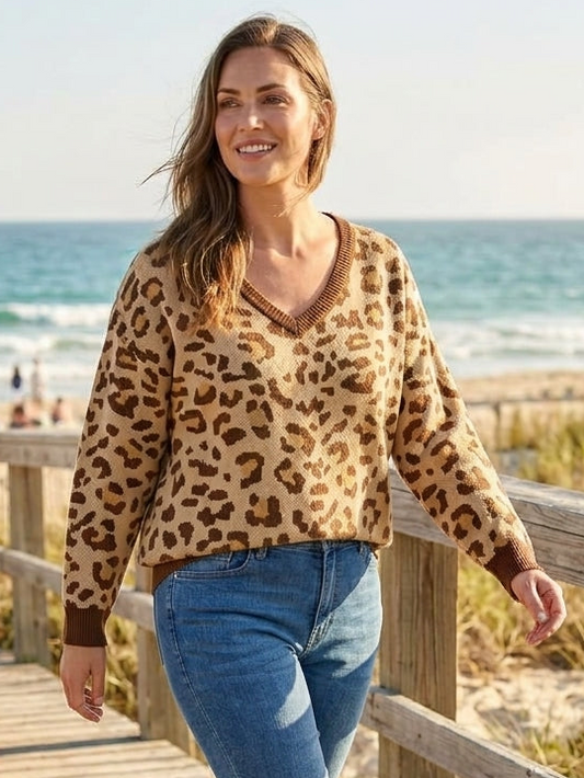 LuLaRoe Torrie V-Neck Sweater • Tan Brown Cheetah Print