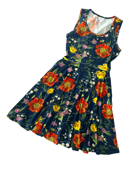 LuLaRoe Nicki • A-Line • Sleeveless • Fit and Flare Dress • Blue with Orange Floral