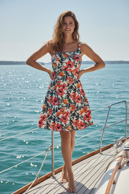 LuLaRoe Navy Cross Back Dress with Side Seam Pockets • Cream Pink Watercolor Floral
