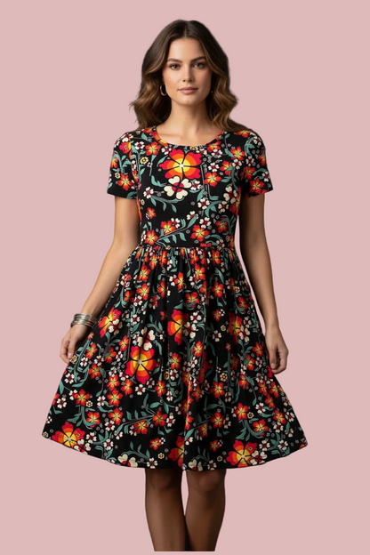 LuLaRoe Amelia Fitted Dress • Vintage Rare Black and Orange Floral Print