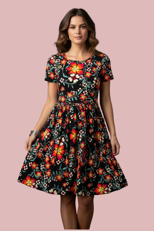 LuLaRoe Amelia Fitted Dress • Vintage Rare Black and Orange Floral Print