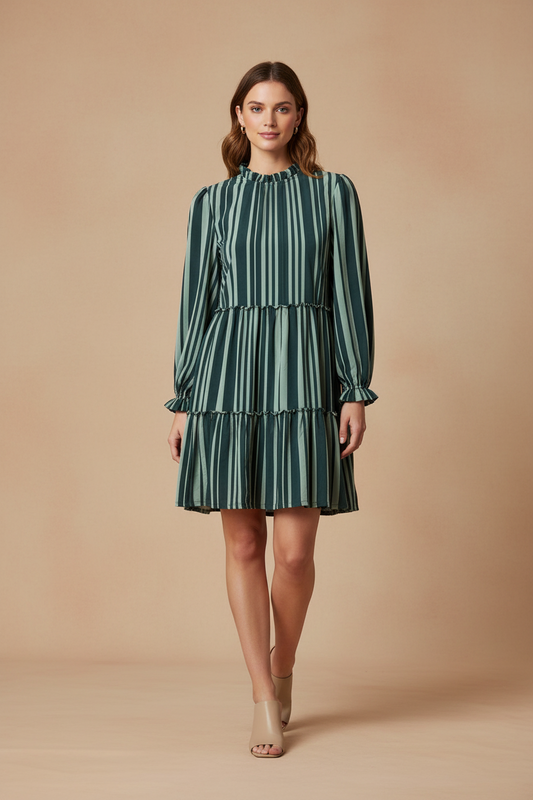 LuLaRoe Annabelle Ruffled Tiered Dress • Green Vertical Stripe