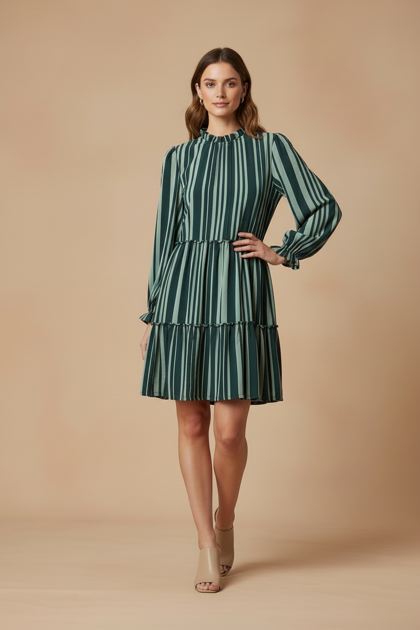 LuLaRoe Annabelle Ruffled Tiered Dress • Green Vertical Stripe