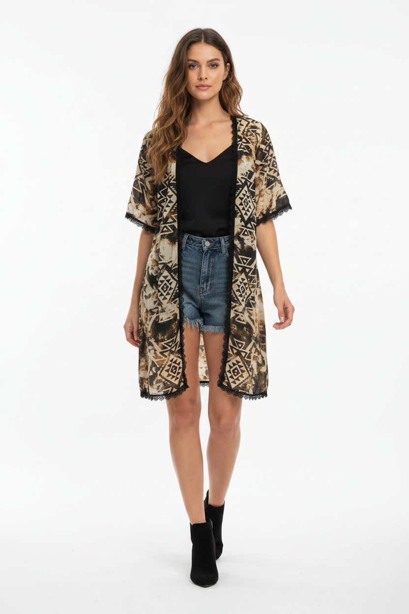 LuLaRoe Chloe • Embroidered Trim  • Bohemian Overlay • Black and Tan Aztec Print