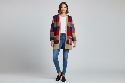 LuLaRoe Peyton • Open Front Cardigan • Boho Style • Red Blue Tan Plaid