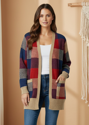 LuLaRoe Peyton • Open Front Cardigan • Boho Style • Red Blue Tan Plaid