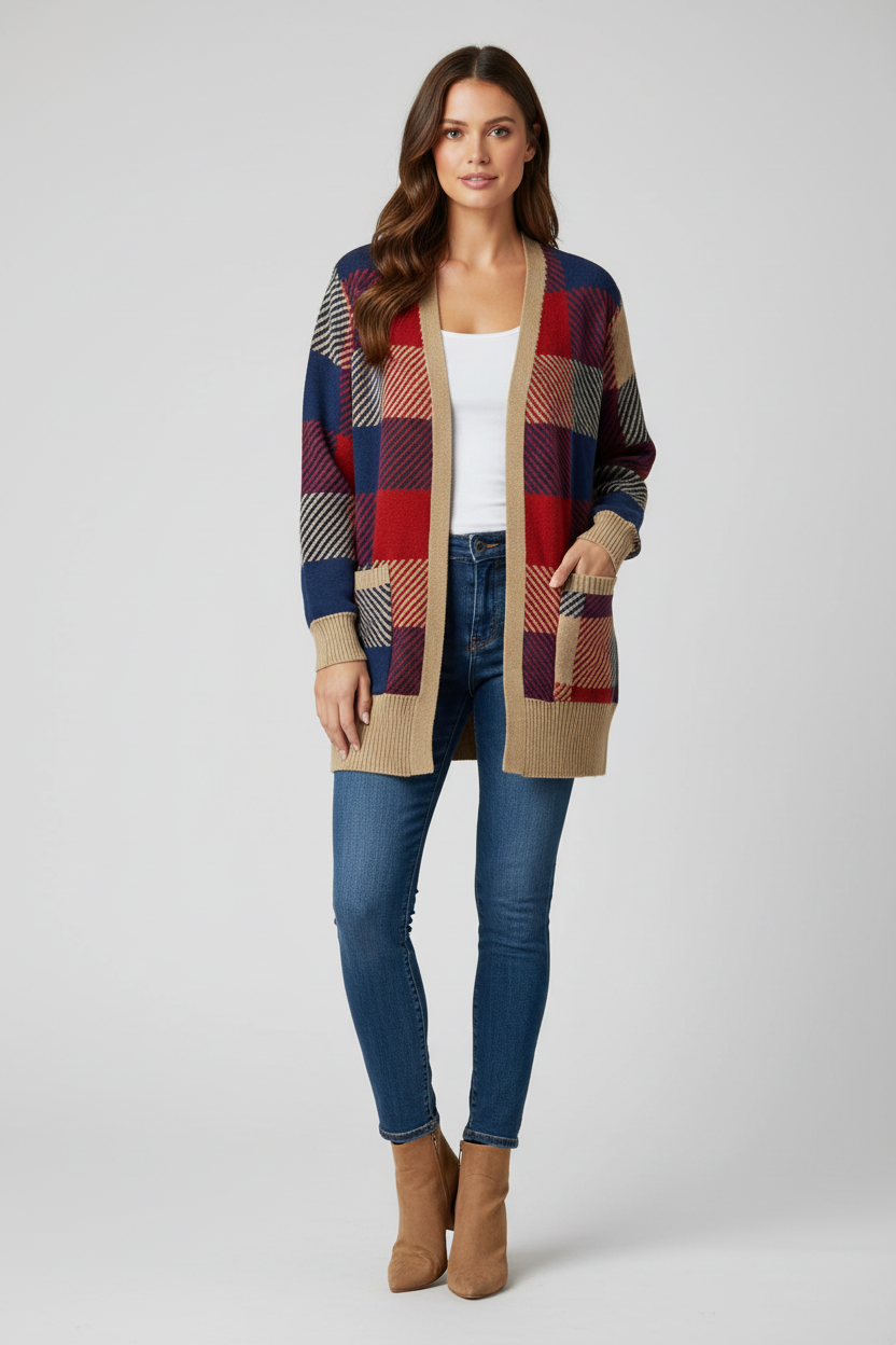 LuLaRoe Peyton • Open Front Cardigan • Boho Style • Red Blue Tan Plaid