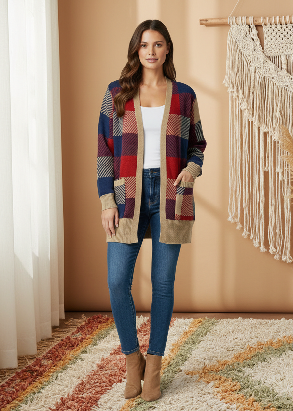 LuLaRoe Peyton • Open Front Cardigan • Boho Style • Red Blue Tan Plaid