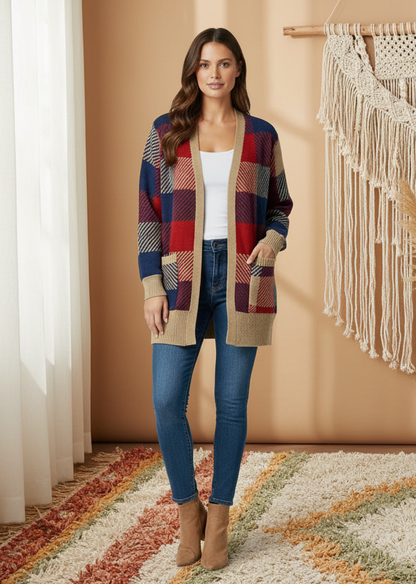 LuLaRoe Peyton • Open Front Cardigan • Boho Style • Red Blue Tan Plaid
