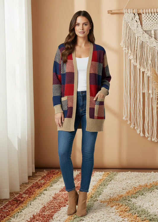 LuLaRoe Peyton • Open Front Cardigan • Boho Style • Red Blue Tan Plaid
