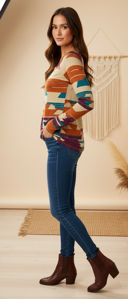 LuLaRoe Mia • Sweetheart Neckline • Long Sleeve Top • Multi Color Aztec Print