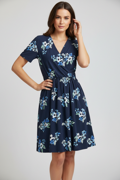 LuLaRoe Chantale Cross Front Dress • Side Seam Pockets • Blue Floral