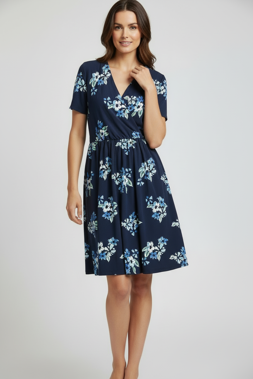 LuLaRoe Chantale Cross Front Dress • Side Seam Pockets • Blue Floral