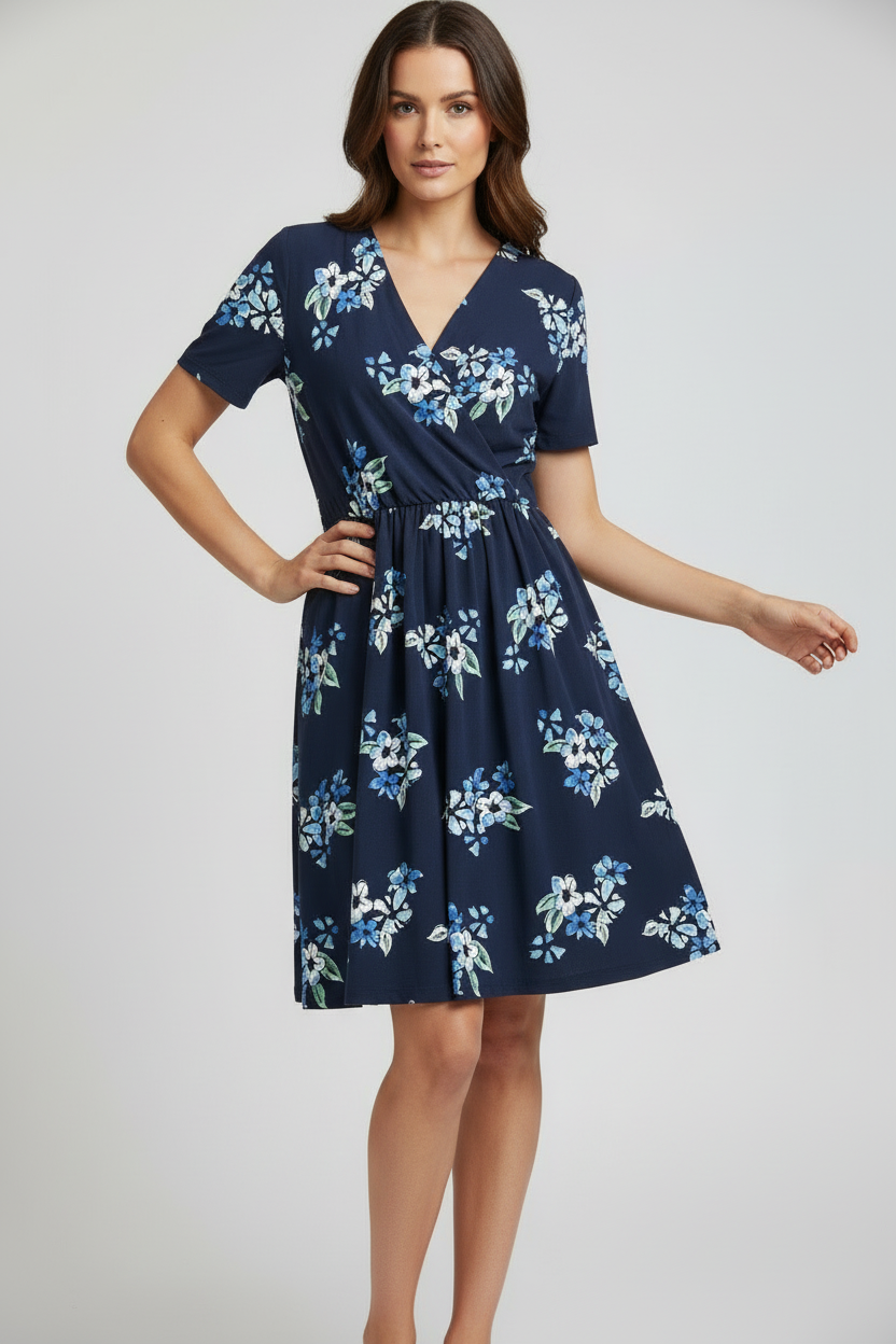LuLaRoe Chantale Cross Front Dress • Side Seam Pockets • Blue Floral