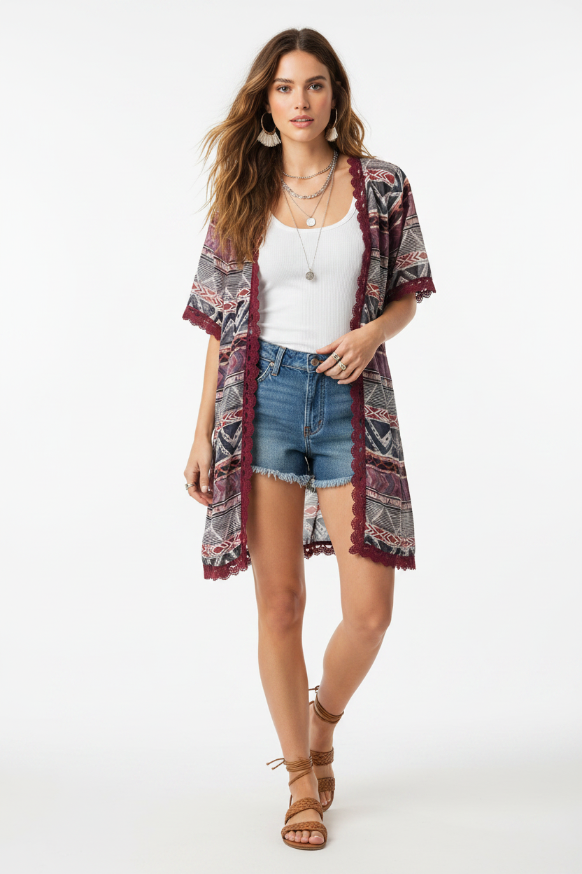 LuLaRoe Chloe • Embroidered Trim  • Bohemian Overlay • Red and Blue Pattern