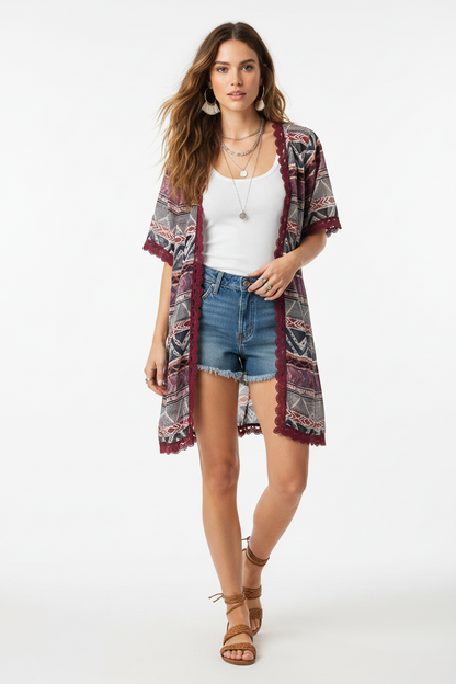LuLaRoe Chloe • Embroidered Trim  • Bohemian Overlay • Red and Blue Pattern