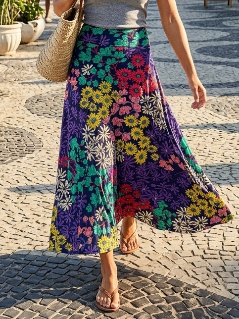 LuLaRoe Maxi Skirt • 6” Yoga Waistband • A-line • Navy Botanical Print • Pre Owned in Excellent Condition