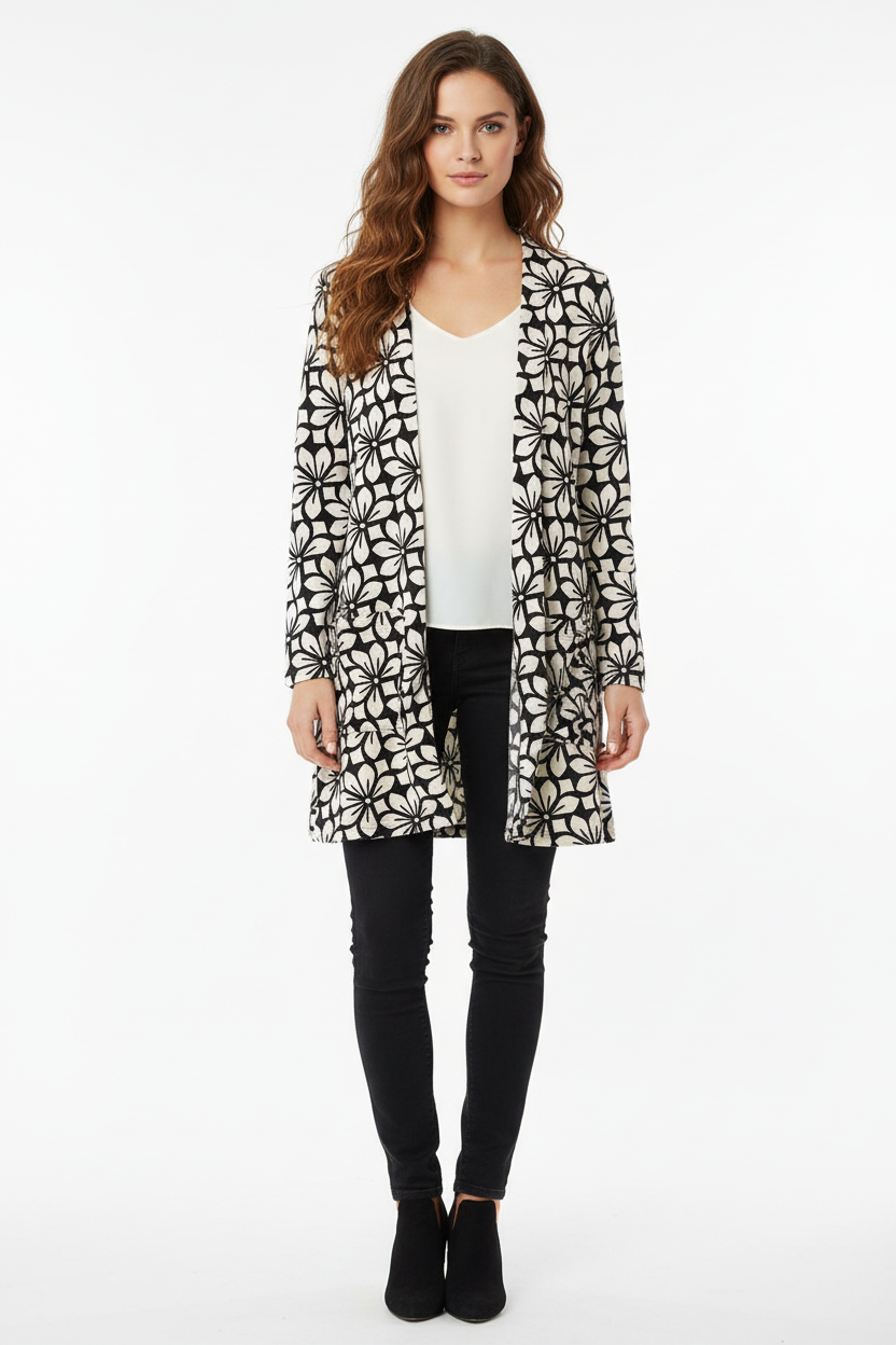 LuLaRoe Caroline A-Line Cardigan with Pockets • Black and White Flowers