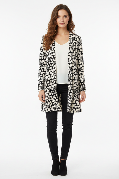 LuLaRoe Caroline A-Line Cardigan with Pockets • Black and White Flowers